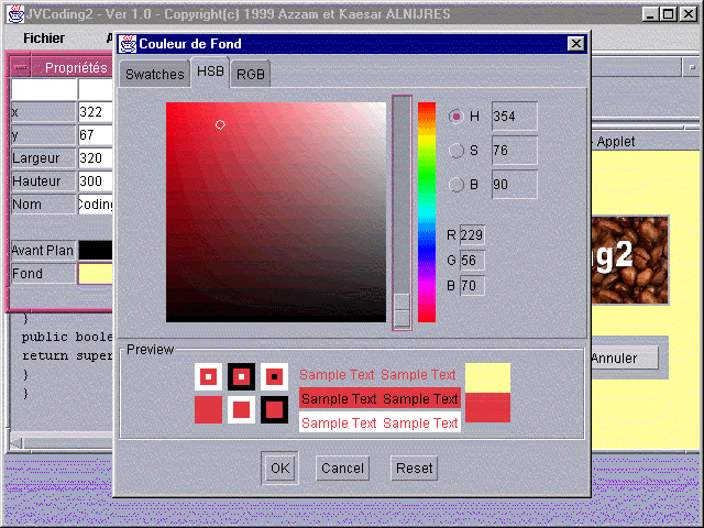 JVCoding2 outil RAD de d&eacute;veloppement Java - Freeware - Applets et  applications  aux normes jdk 1.0, jdk1.1 et jdk 1.2